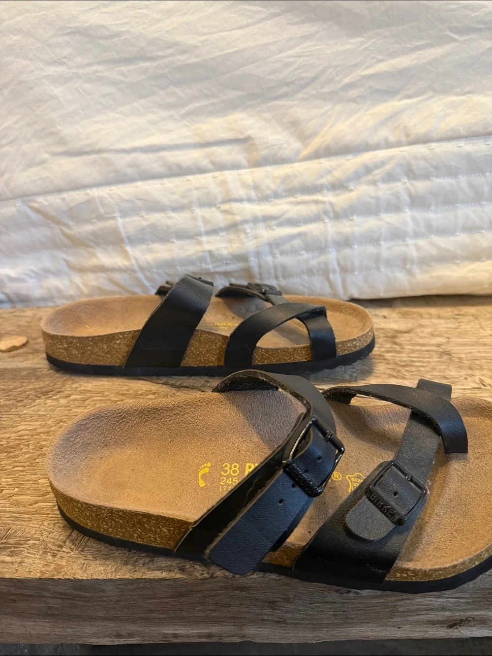 Birkenstock Black Two-Strap Leather Slide Sandals Size 38 - Picture 2 of 5